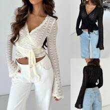 Women's Wrap V Neck Self Tie Knot Long Sleeve Lace Blouse Shirt Crop Top Ruched Slim Fit Cross Wrap Tops - Black - View 2