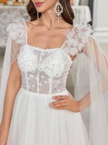 UNITHORSE Off Shoulder Dropped Sleeve Floral Decor Waist Cinch Extra Long Elegant Dress, Wedding Dress,Bride, All White Party Outfit Women - White - View 5