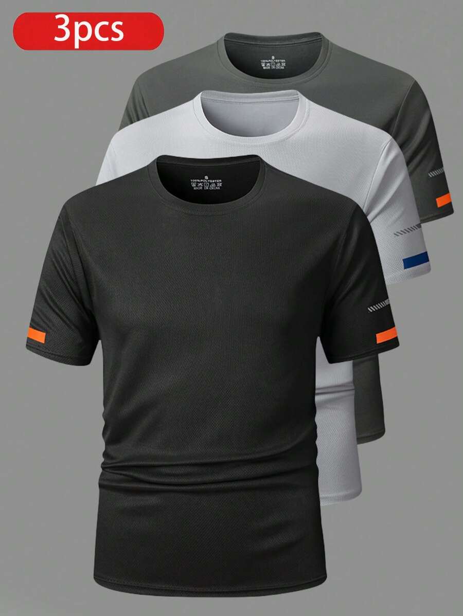 3pcs/Set Boyfriend Style Men's Summer Breathable Quick Dry Running & Fitness Short Sleeve T-Shirts - 彩色 - 查看 1
