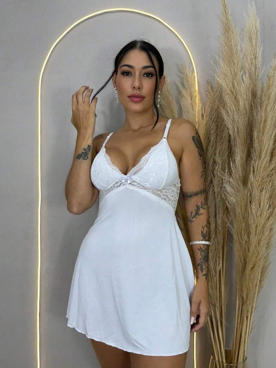 Sexy Lace Nightdress Backless Pajamas Comfortable Sensual Elegant Night - trắng - Xem 1