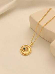 1pc Vintage Copper Alloy Gold-Plated Crescent Moon Star Coin Pendant Necklace, Suitable For Women Daily Wear & Festival Gift - Yellow Gold - View 1