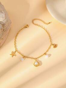 1pc Summer Beach Vacation Style Starfish Shell Pearl Fashion Gold Stainless Steel 18K Plated Anklet, Women Daily Holiday Accessory - Gold - View 2