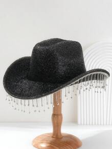 1pc Unisex Rhinestone Tassel Fringed Shiny Cowboy Hat, Creative Punk Style Wide Brim Hat, Suitable As Bridesmaid/Bride Hat, Great For Parties, Western Themed Events, Gatherings, Engagement Parties, Cosplay, Graduations, Masquerade Balls, Festivals, Weddings, Birthdays, Music Festivals, Coming Of Age Ceremonies
