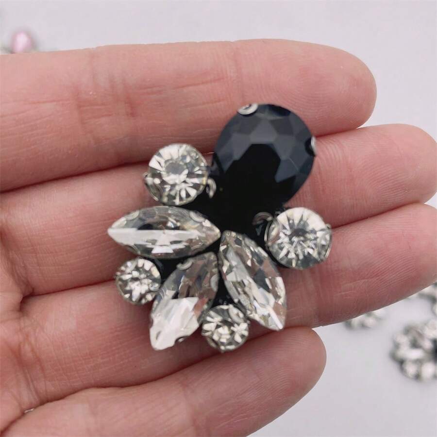10Pcs Rhinestone Beaded Brooch Patches Applique Sew On Clothes Dress Shoes Bags Cap - Black and White - View 1