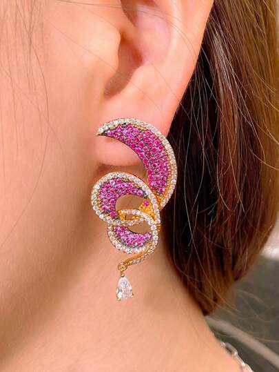 1 par de pendientes colgantes de cinta con zirconia cúbica roja rosa y baño de oro, accesorios de joyería de fiesta para mujeres para boda, compromiso, concurso de belleza, baile de graduación, novias, damas de honor, damas, novias, regalo de Navidad