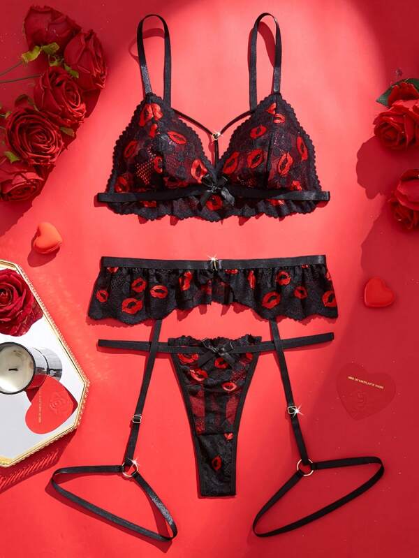 Valentine'S Day Lingerie Set Featuring A Red Lip Lace Sheer Bra, Bowknot Thong, And Garter Belt For Women'S Sexy Underwear