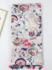 1pc Spring & Autumn Floral Print Fringed Shawl/Beach Towel For Dress - Multicolor - View 2