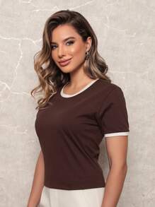 T-Shirt Blouse Women's T-Shirt Monochrome 100% Cotton Fabric, Rainbow, New Version - 巧克力棕色配米白 - 查看 3