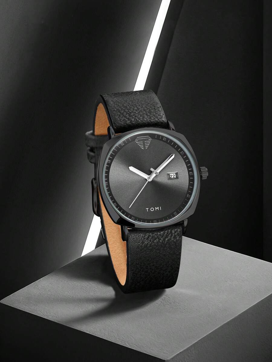 TOMI Teen Boys & Girls Vintage Calendar PU Leather Quartz Wristwatch - Black - View 1