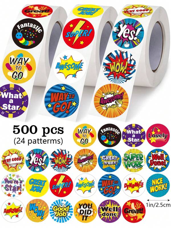 500pcs/Roll Cartoon English Motivational Self-Adhesive Sticker Roll, Cute Reward Stickers For Teachers To Encourage Students, DIY Learning Supplies, PVC Decal Sticker,School Supplies,Back To School