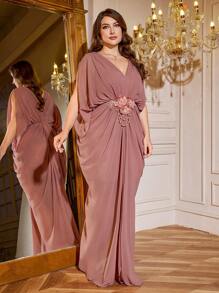 SUPGIR 加大码开叉蝙蝠袖褶饰珠饰派对礼服，修身廓形，礼服，正式礼服，晚礼服，婚礼宾客礼服 - 藕粉色 - 查看 6