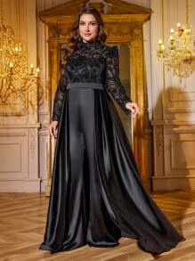 SUPGIR Plus Women's [Random Cut] O-Neck Long Sleeve Sequin Three - Dimensional Flower Slim-Fitting Trousers Satin Maxi Ball Gown Evening Dress - 黑色 - 查看 1