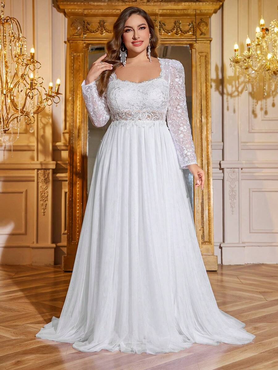 Suknia ślubna UNITHORSE Plus Size z kołnierzykiem w serduszko, długim rękawem, haftowaną perłą, koronką, kontrastową siateczką, w kolorze białym, idealna na imprezę dla panny młodej - Biały - Zobacz 1