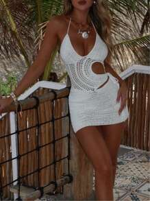 Women Crochet Knit Halter Neck Short Mini Dress Sexy Backless Tie Up Hollow Out Bodycon Sundress Low Cut V Neck Swimcuit Cover Ups Beachwear - White - View 3