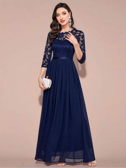 Vestido elegante de encaje floral para mujer,Vestido de fiesta de manga larga de chiffon de cuello redondo,Vestidos de mujer