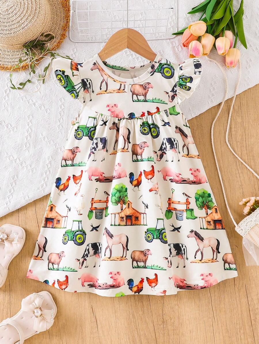 Adorable Summer Dress For Girls - Cartoon Animal Print With Ruffle Sleeves, Knit Fabric For Summer - Apricot - View 1