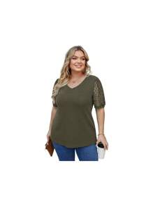 Plus Size Tops For Women Summer Blouse Waffle Knit Short Lace Sleeve Shirts-CWTI - A13-army Green - View 2