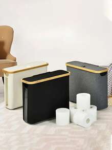 1pc Bohemian Style Black Bamboo Tissue Paper Holder With Storage Basket - Foldable Rectangular Bathroom Storage Box With Lid, Polyester Fiber, Fragrance Free, Suitable For Home And Office Back To School