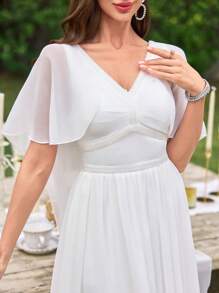 UNITHORSE 奢华荷叶边珠饰腰部修身喇叭下摆连衣裙，优雅新娘礼服，婚纱，新娘 - 白色 - 查看 4