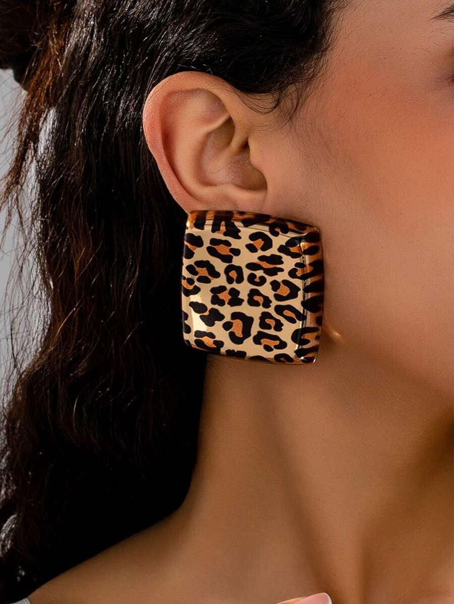 1 Pair Geometric Square Stud Earrings For Women, Simple Design Suitable For Formal Party Gift - Brown Leopard Print - View 1
