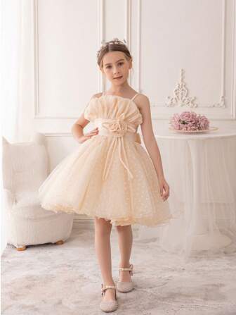 女童公主裙生日派对蝴蝶结装饰分层薄纱连衣裙，儿童演出裙