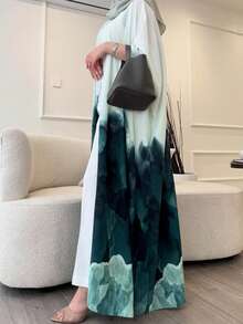 1 buc. Rochie Abaya pentru femei din Orientul Mijlociu, minimalistă la modă, cu valuri digitale și munte, imprimată retro, în culori solide, tip cardigan lung, potrivită pentru purtare zilnică și festivaluri, kaftan modest