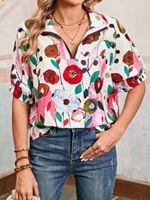 Boho Retro Rose Red Vintage Viscose 90's Khaki Beige Apricot Ruffle V Neck Half Sleeve Loose Top Shirt Blouse - 紅色 - 查看 5