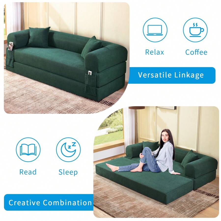 Compression Sofa - Convertible Floor Foldable Sofa Bed - With 2 Pillows, Corduroy, Queen Size - 墨綠色 - 查看 1