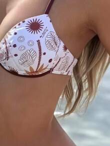 Coconut Tree Print Sexy Backless Halter Split Bikini Set For Beach - Brown and White - View 4