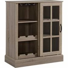 Wine Bar Cabinet, With 6-Bottle Wine Rack And Stemware Racks, Small Sideboard Buffet Cabinet With Sliding Glass Door And Storage Shelves For Kitchen, Brown