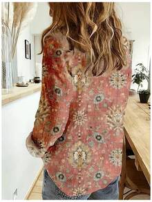 Women's New Spring/Autumn Casual Long Sleeve Collar Printed Button-Down Shirt - Pink - View 2