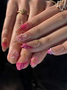 10 件裸色杏仁形手工按压指甲，简约温柔风格，3D 捏花，金钢珠和珍珠，镀金铬，可拆卸和重复使用，适合女孩和女士日常、节日、派对指甲装饰，带果冻胶和指甲锉指甲用品