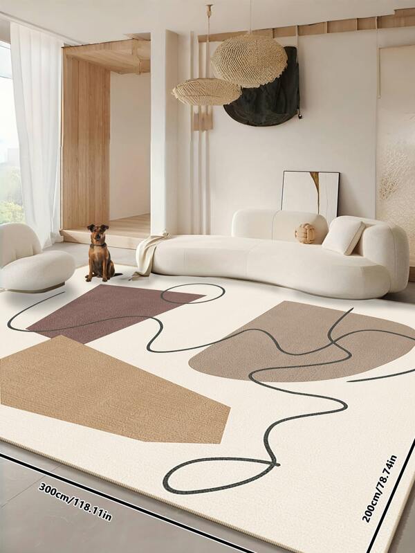 Decorated With Dark Brown, Brown, Khaki Asymmetric Geometric Shapes, And Black Curves Shuttle Throughout, The Overall Style Is Simple And Rich In Design Style Rug, Modern Minimalist Style Thickened Suede, Non-Slip Underneath