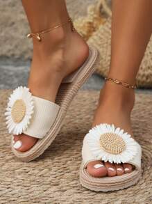 2025 New Women Summer Beach Slippers Indoor Home Flower Decor Flat Sandals