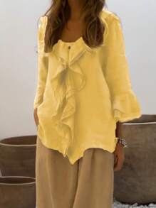 Women's Spring/Summer Break Casual Solid Color Double-Layer Ruffle Edge Design Button Pocket Shirt Old Money Style Comfortable And Breathable High-Quality Ruffled Design Shirt Oversized Fashion Hundred Wear Solid Color Frill Trim Design Vintage Wooden Button Special Design Dignified And Elegant Blouse