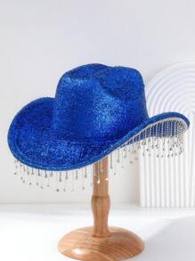 1pc Unisex Rhinestone Tassel Fringed Shiny Cowboy Hat, Creative Punk Style Wide Brim Hat, Suitable As Bridesmaid/Bride Hat, Great For Parties, Western Themed Events, Gatherings, Engagement Parties, Cosplay, Graduations, Masquerade Balls, Festivals, Weddings, Birthdays, Music Festivals, Coming Of Age Ceremonies