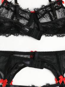 女士性感内衣套装聚拢吊袜带带钢托胸罩花朵蕾丝 3 件套 - 黑色 - 查看 7