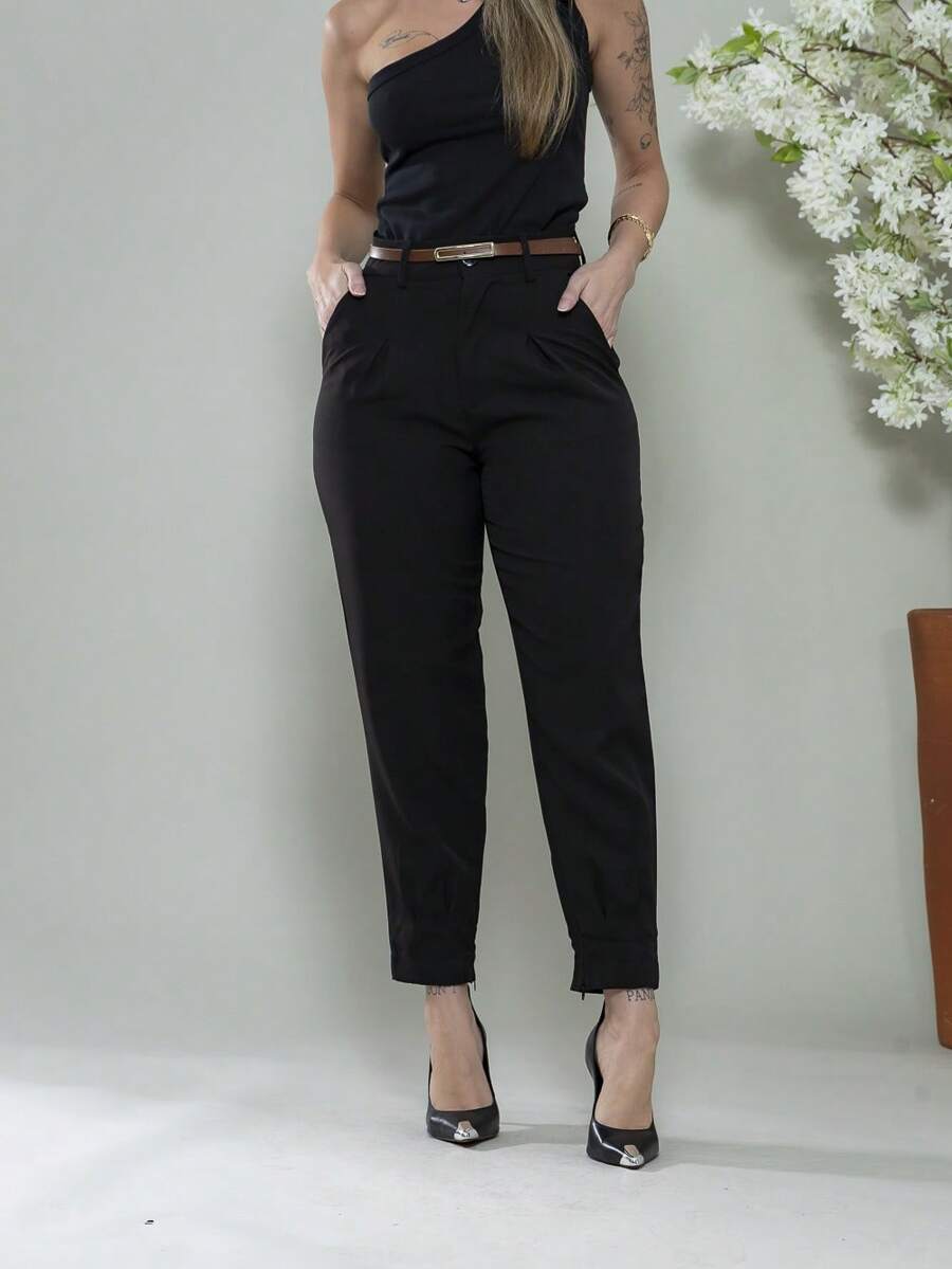 Carrot Pants With Zipper On The Leg, Tailored C3095 - 黑色 - 查看 1