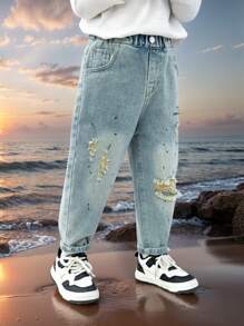 Toddler & Boys' Ripped Printed Casual Denim Jeans, All Seasons - Blue - View 6