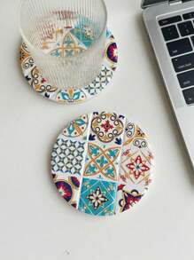 1pc Round Personalized Bohemian Style Colorful Ceramic Coaster With 3D Gold-Plated Effect, Can Be Used As Mug Heat Insulator Or Candle Holder, Suitable For Daily Use At Home And As Exquisite Holiday Gift