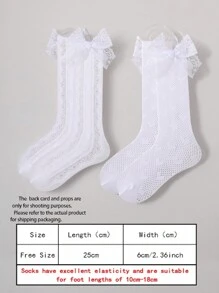2 Pairs Baby Girls' Adorable Lace Bow & Heart Jacquard Mesh Leg Warmers, Suitable For Summer - White - View 3