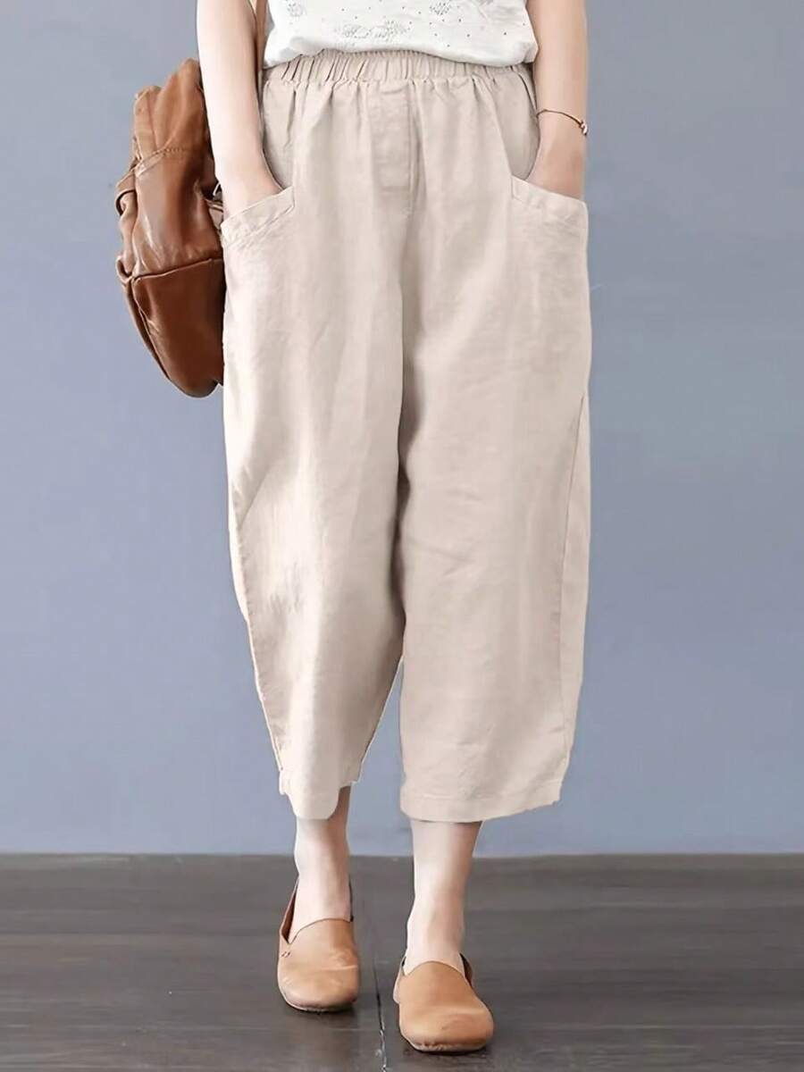 Pantalones capri casuales minimalistas de unicolor con bolsillos grandes para el otoño y el trayecto diario para mujeres - Caqui - Ver 1