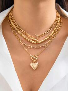 1 Set Of 4 Pcs European & American Style CCB Bead, OT Clasp, CCB Heart Pendant Necklace Set, Suitable For Gift & Everyday Wear - CCB Love OT Buckle Necklace Set - View 7