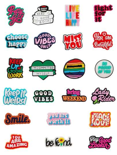 22 piezas Serie de palabras inspiradoras DIY Encantos para llavero de zapatos, sandalias, bolsas de playa, Encantos de zapatos de PVC para decoraciones populares de alta calidad, accesorios, excelentes regalos para Navidad, cumpleaños, fiesta