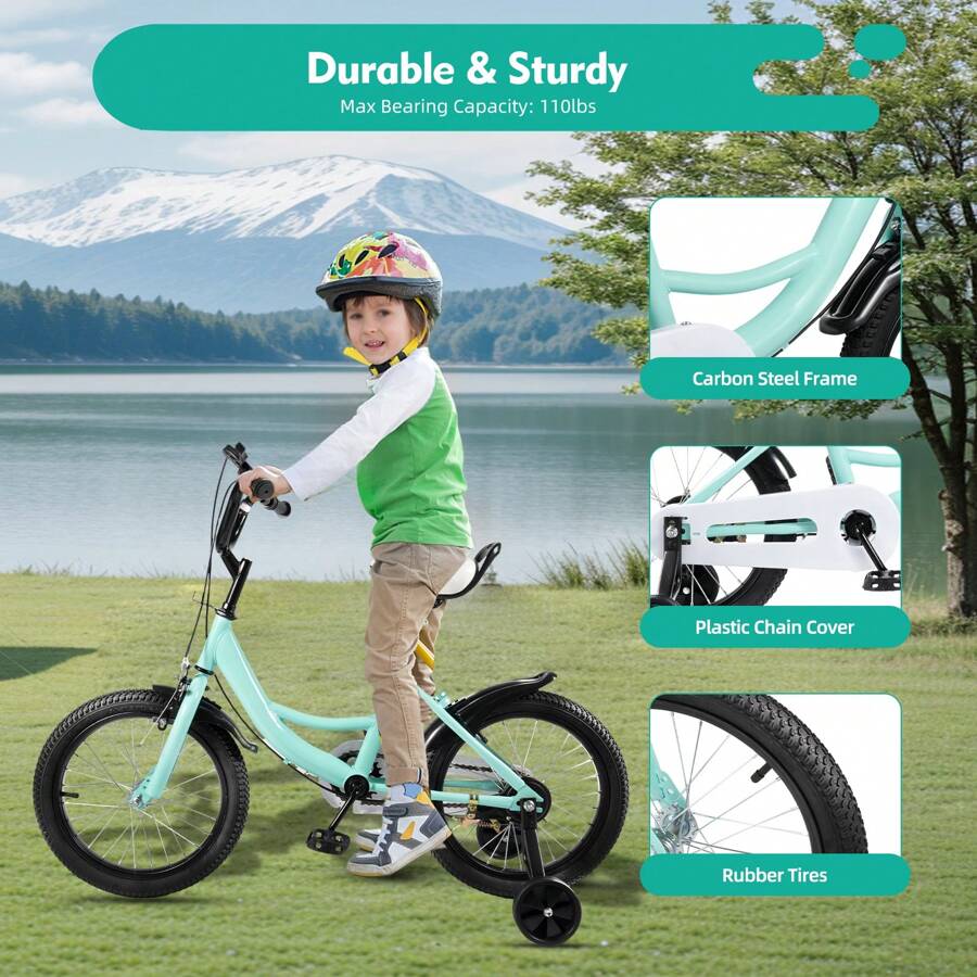 RibasuBB 16-Inch Kids Bicycle With Adjustable Seat, Dual Brakes, Removable Training Wheels, Shock-Absorbing Tires & S Afety Features For Ages 5-8 (Green) - Green - View 1
