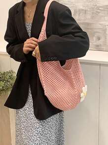 Hollow Woven Straw Bag, Bohemian Style Beach Tote Bag, Hollow Woven Tote Bag, Large Capacity Shopping Beach Bag, Fashion Hollow Woven Straw Bag, Beach Tote Bag, Bohemian Style Beach Bag, Casual Hollow Woven Tote Bag, Vacation - Pink - View 8