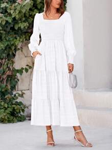 Women's Spring Summer Long Sleeve Dresses Wedding Dresses Elegant Fluffy Long Sleeve Locked Waist Swing Fluttering Long Dresses - 白色 - 查看 1