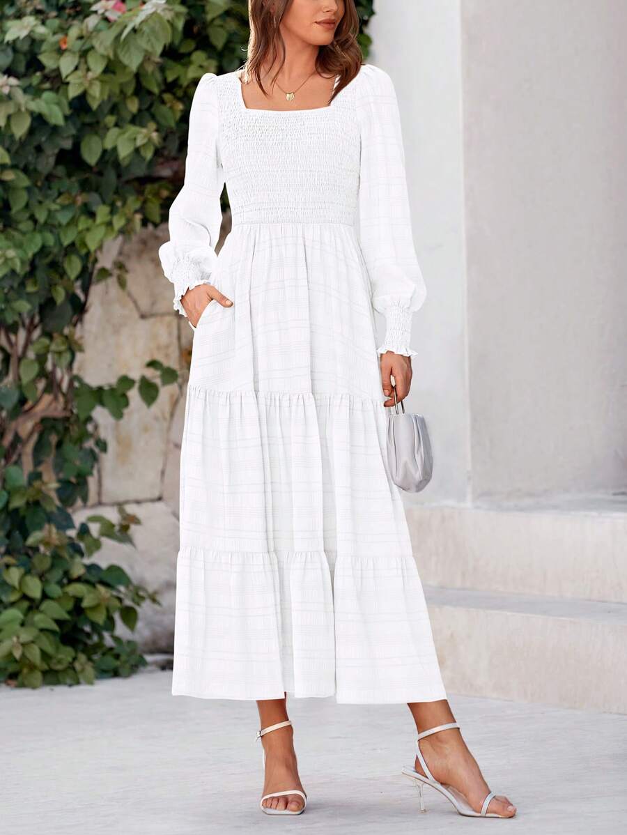 Women's Spring Summer Long Sleeve Dresses Wedding Dresses Elegant Fluffy Long Sleeve Locked Waist Swing Fluttering Long Dresses - 白色 - 查看 1