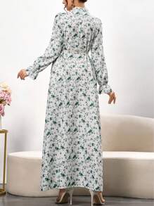 Women's Casual Floral Print Shirt Dress With Round Neck, Button Front & Tie Waist, Long Sleeve Maxi Dress For Daily Wear, Office, Vacation,Summer Dresses,Dresses Classy Elegant,Modest - Multicolor - View 4