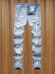 Boys Casual Elastic Waist Distressed Jeans - Medium Wash - View 1